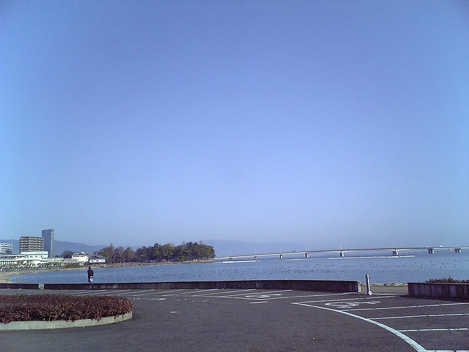 湖岸の遊歩道から近江大橋を見る